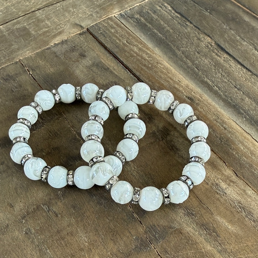 White Beaded Stretch Bracelet Set